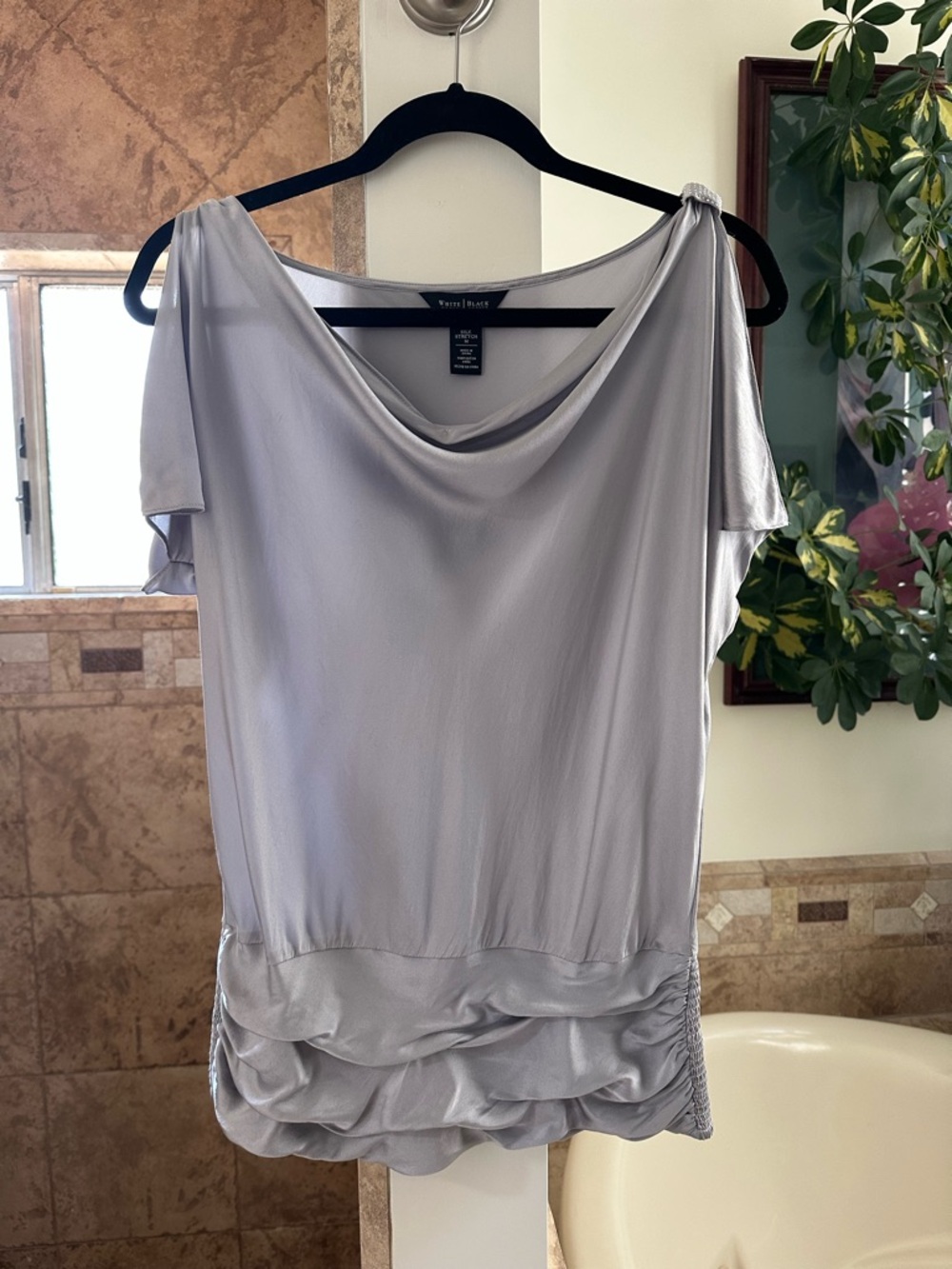 WHBM White House Black Market Sterling Silver Draped Neck Ruched Banded Blouse